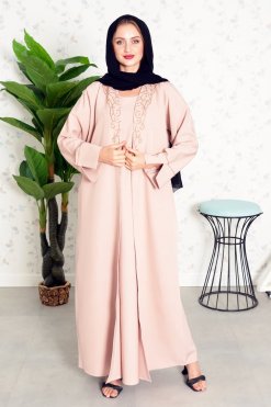 3854 6 Beads embellished bisht abaya with matching inner dress