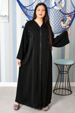 3855 3 Laced and Beads Embellished Black Abaya