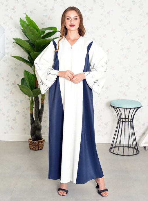 Beads Embellished Dual Color Abaya with Flare Sleeves