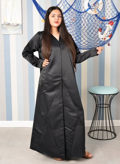 V-Neck Beads Embellished Black Abaya