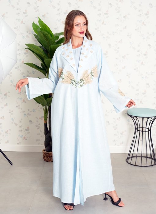 Hand Embroidered Blue Coat Collar Abaya with Matching Inner