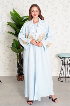 3862 3 Hand Embroidered Blue Coat Collar Abaya with Matching Inner