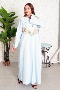 3862 4 Hand Embroidered Blue Coat Collar Abaya with Matching Inner