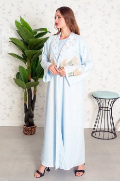3862 5 Hand Embroidered Blue Coat Collar Abaya with Matching Inner