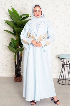 3862 6 Hand Embroidered Blue Coat Collar Abaya with Matching Inner