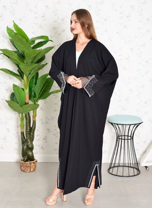 Bahraini style pearl and mesh embellished bisht abaya