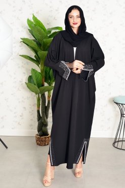 3863 6 Bahraini style pearl and mesh embellished bisht abaya
