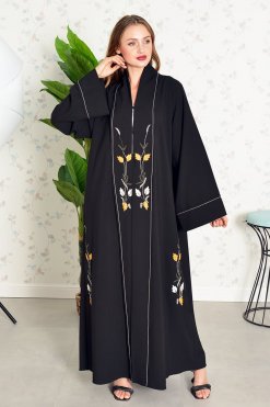 Elegant Look Black Floral Embroidered Abaya 9 3865 4 Elegant Look Black Floral Embroidered Abaya