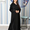Button embellished front open black abaya