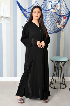 Button embellished front open black abaya