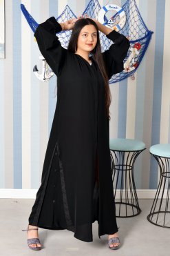 3869 3 Button embellished front open black abaya