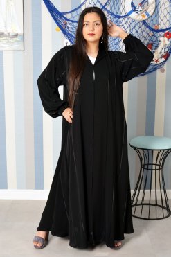 3877 5 Umbrella style piping embellished abaya and cuff with elastic