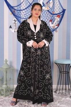 Collar style button embellished embroidered abaya