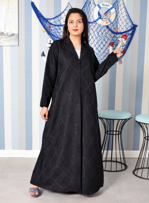 Coat Collar Self-Printed Abaya with Foil Accents for a Sophisticated Look