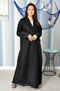 3889 3 Coat Collar Self-Printed Abaya with Foil Accents for a Sophisticated Look