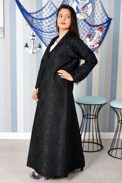 3889 4 Coat Collar Self-Printed Abaya with Foil Accents for a Sophisticated Look