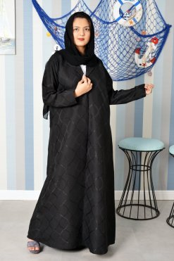 3889 5 Coat Collar Self-Printed Abaya with Foil Accents for a Sophisticated Look