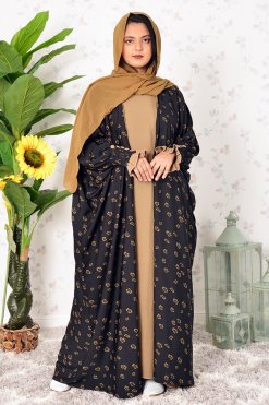 3892 5 Button Embellished Bahraini Style Abaya with Pleated Sleeves and Inner