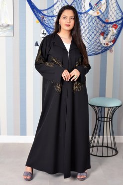 3893 3 Embroidered Black Abaya with Collar Style and Beads Embellishments