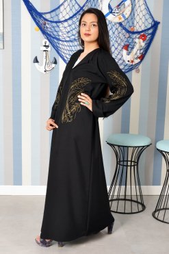 3893 4 Embroidered Black Abaya with Collar Style and Beads Embellishments