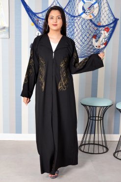 3893 5 Embroidered Black Abaya with Collar Style and Beads Embellishments
