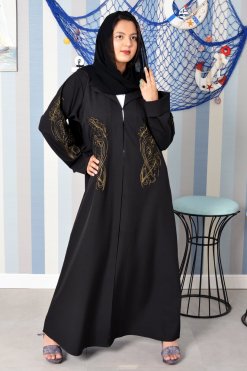 3893 6 Embroidered Black Abaya with Collar Style and Beads Embellishments