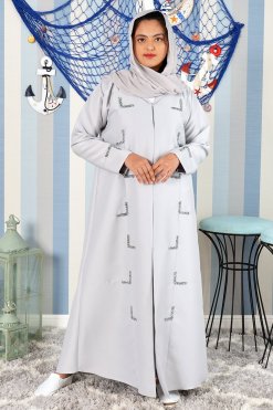 3894 5 Collar Style Beads Embellished Grey Abaya