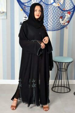3895 6 Embroidered Double Chiffon Abaya with Beads Embellishment