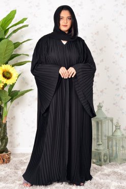 3898 6 Modern Style Black Flared Sleeves Pleated Abaya