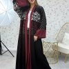 3902 1 Stylish front open multi-color embroidered abaya with maroon trimmings