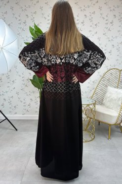 Stylish front open multi-color embroidered abaya with maroon trimmings 6 3902 3 Stylish front open multi-color embroidered abaya with maroon trimmings