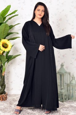 Lace & Stone Embellished Black Front Open Abaya