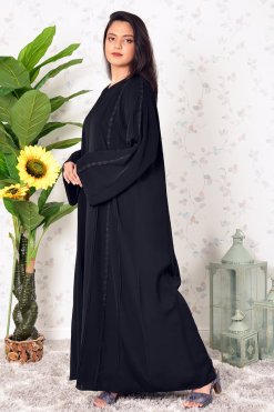 3903 3 Lace & Stone Embellished Black Front Open Abaya