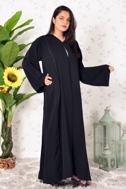 3903 4 Lace & Stone Embellished Black Front Open Abaya