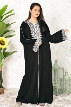 Traditional Look Embroidered Front Open Abaya with Piping