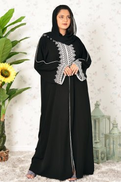 3904 6 Traditional Look Embroidered Front Open Abaya with Piping