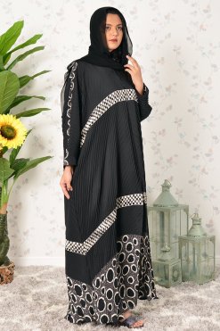 3906 5 Modest Pleated Self Printed Farasha Abaya