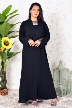 Mesh Embellished Collar Style Plain Abaya
