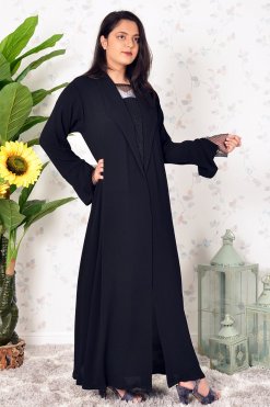 3909 3 Mesh Embellished Collar Style Plain Abaya