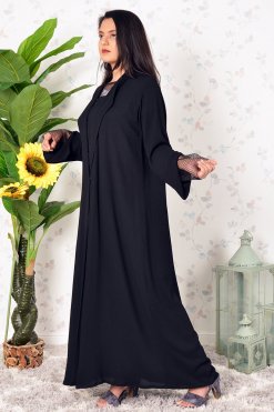 3909 4 Mesh Embellished Collar Style Plain Abaya