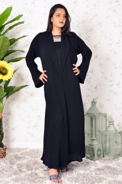 3909 5 Mesh Embellished Collar Style Plain Abaya