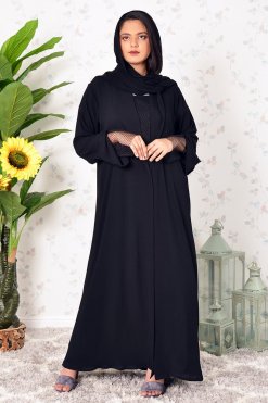 3909 6 Mesh Embellished Collar Style Plain Abaya