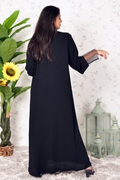 3909 7 Mesh Embellished Collar Style Plain Abaya