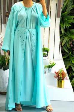 Bisht abaya with pleated inner and drawstring beads embellished skirt, 4 pieces abaya set