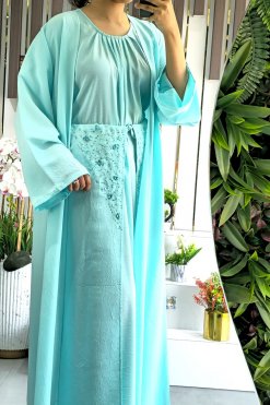 3914 3 Bisht abaya with pleated inner and drawstring beads embellished skirt, 4 pieces abaya set