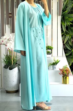 3914 4 Bisht abaya with pleated inner and drawstring beads embellished skirt, 4 pieces abaya set