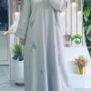 V-Collar Beads Embellished Grey Abaya for a Chic and Elegant Look