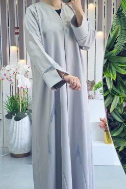 3916 3 V-Collar Beads Embellished Grey Abaya for a Chic and Elegant Look