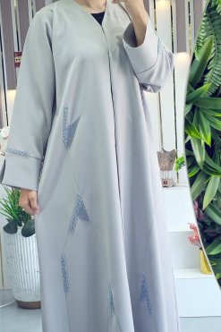 3916 4 V-Collar Beads Embellished Grey Abaya for a Chic and Elegant Look