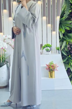 3916 5 V-Collar Beads Embellished Grey Abaya for a Chic and Elegant Look